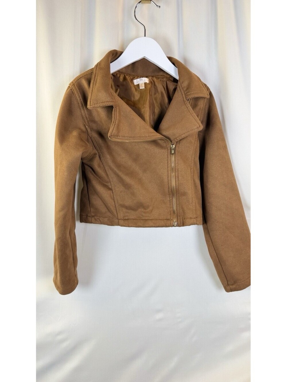 TAHARI Girls Brown Faux Suede Moto Jacket - Classic Zip Coat - Size 7